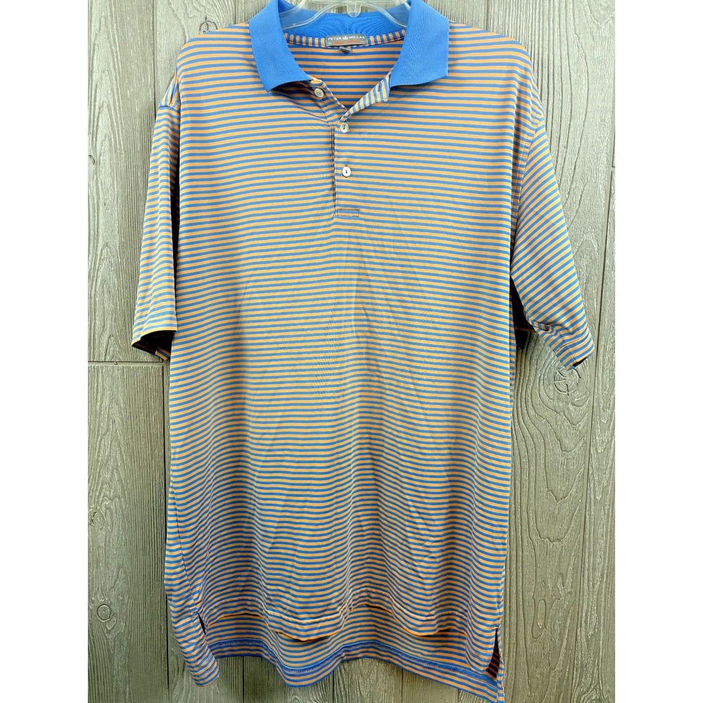 Peter Millar Summer Comfort Mens L Polo Shirt Blue Orange Stripe Golf Resort